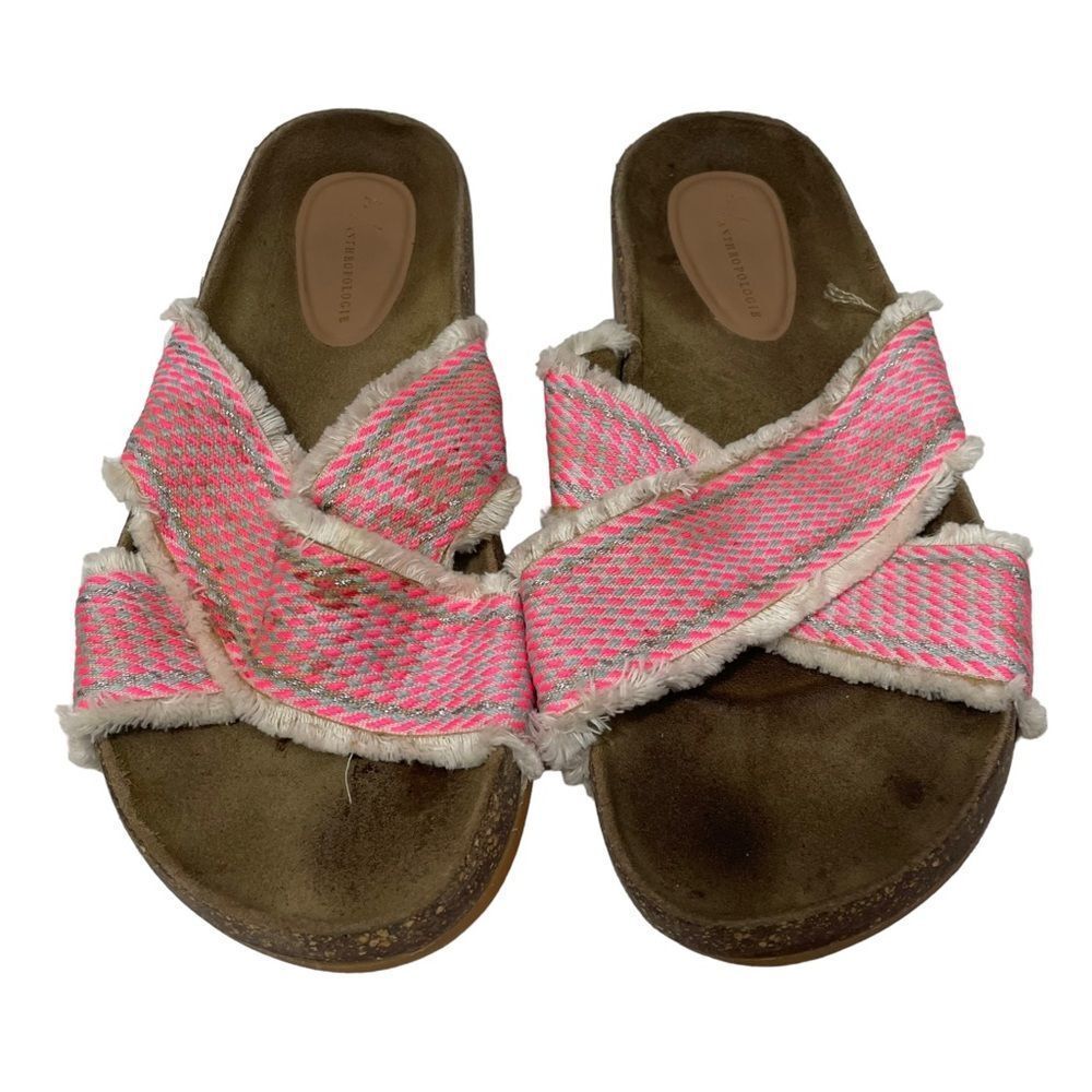 Anthropologie Pink Embroidered Slide On Sandals